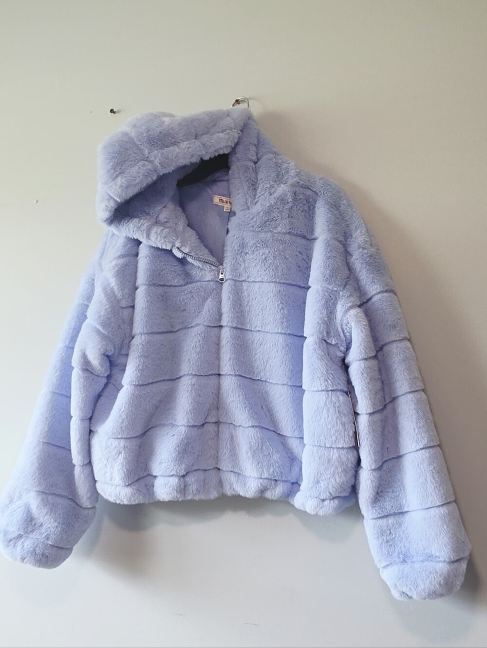 Stella Tweed Pastel Blue Faux Fur Hooded Teddy Jacket